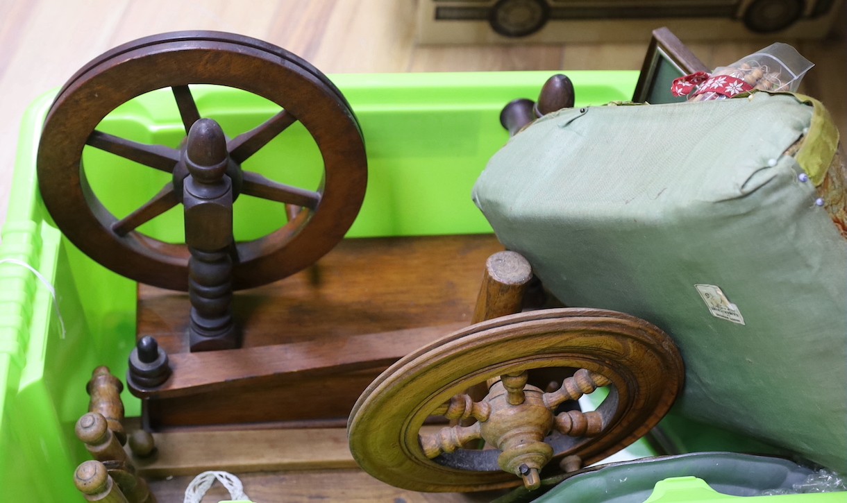 Two lace bobbin winders, two lace-maker's pillows, bobbins, etc